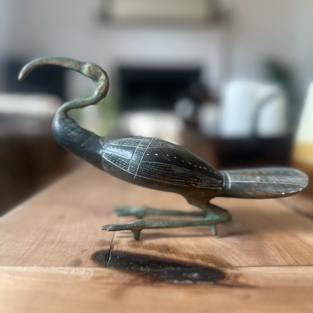 Vintage Egyptian Sacred Ibis Bird Figurine Soapstone & Brass